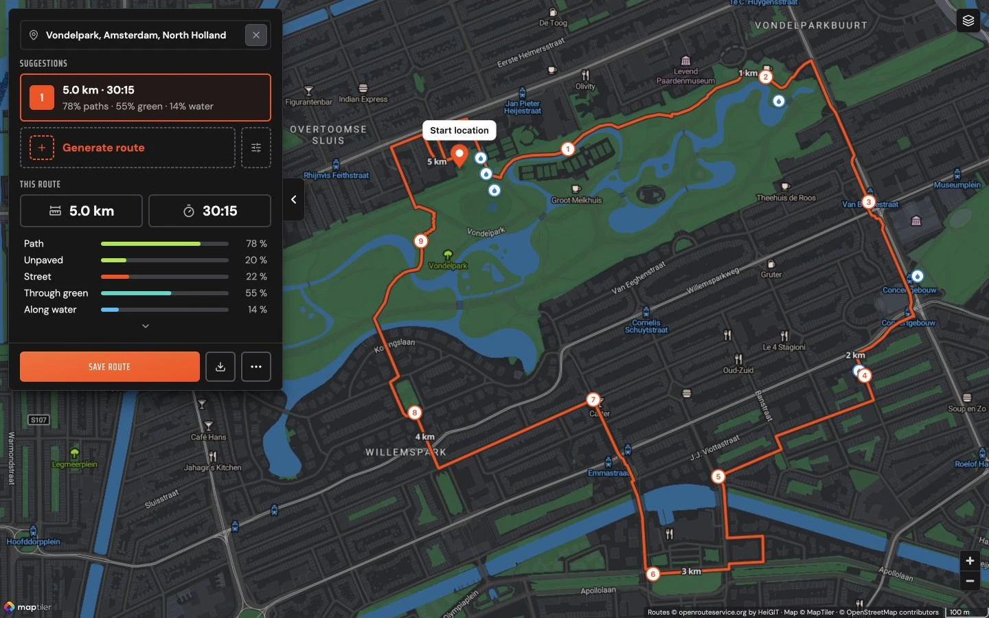 The English RunCulture route planner in dark mode without the navigation bar, showing a route suggestion from Vondelpark with distance and surface information