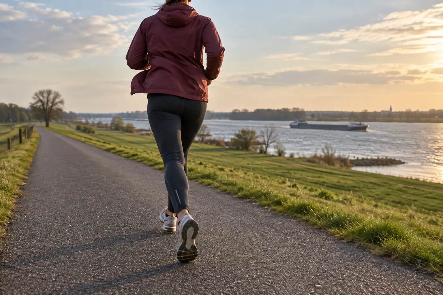 A runner on an easy long run along a flat riverside path