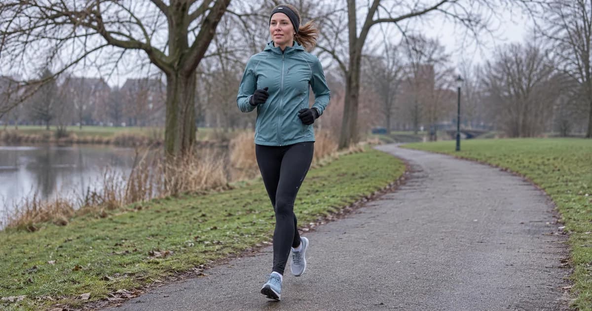 Runner wearing a light jacket, full-length tights, gloves, and a headband on a wintry park path