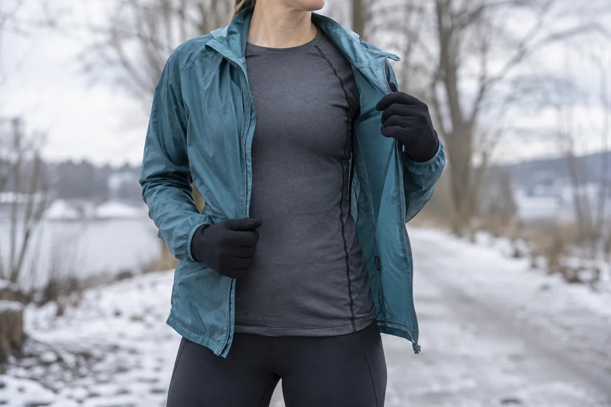 Close-up of a thin running jacket worn open over a fitted base layer, with gloves