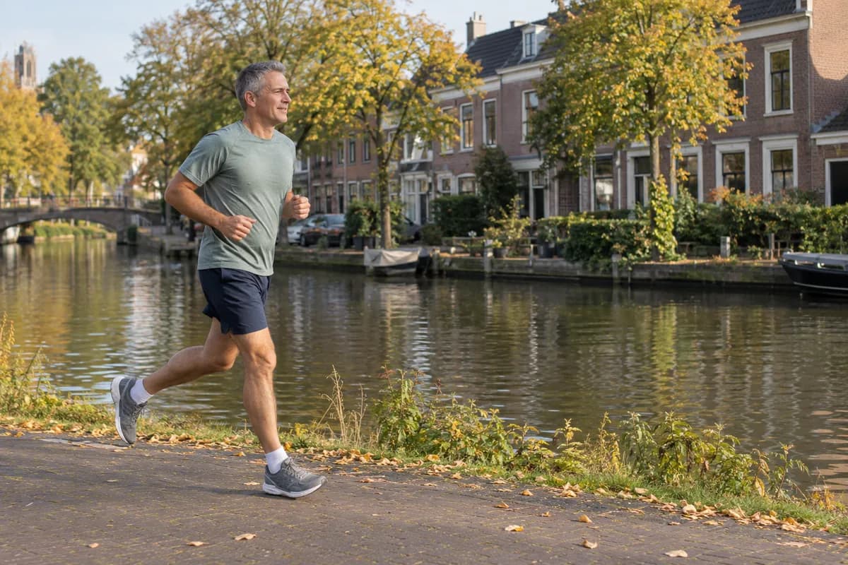Runner wearing a short-sleeved top and shorts beside a canal