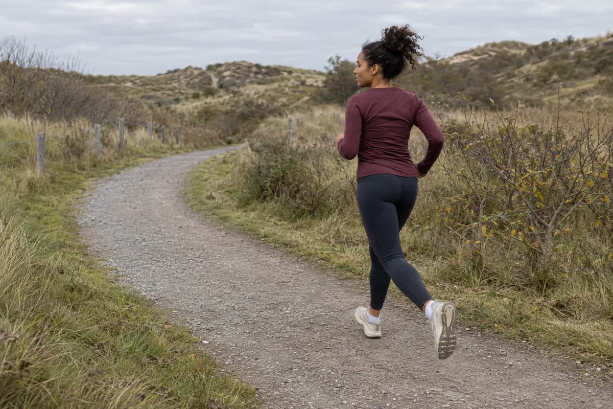 Runner wearing a burgundy long-sleeved top and tights on a path through the dunes