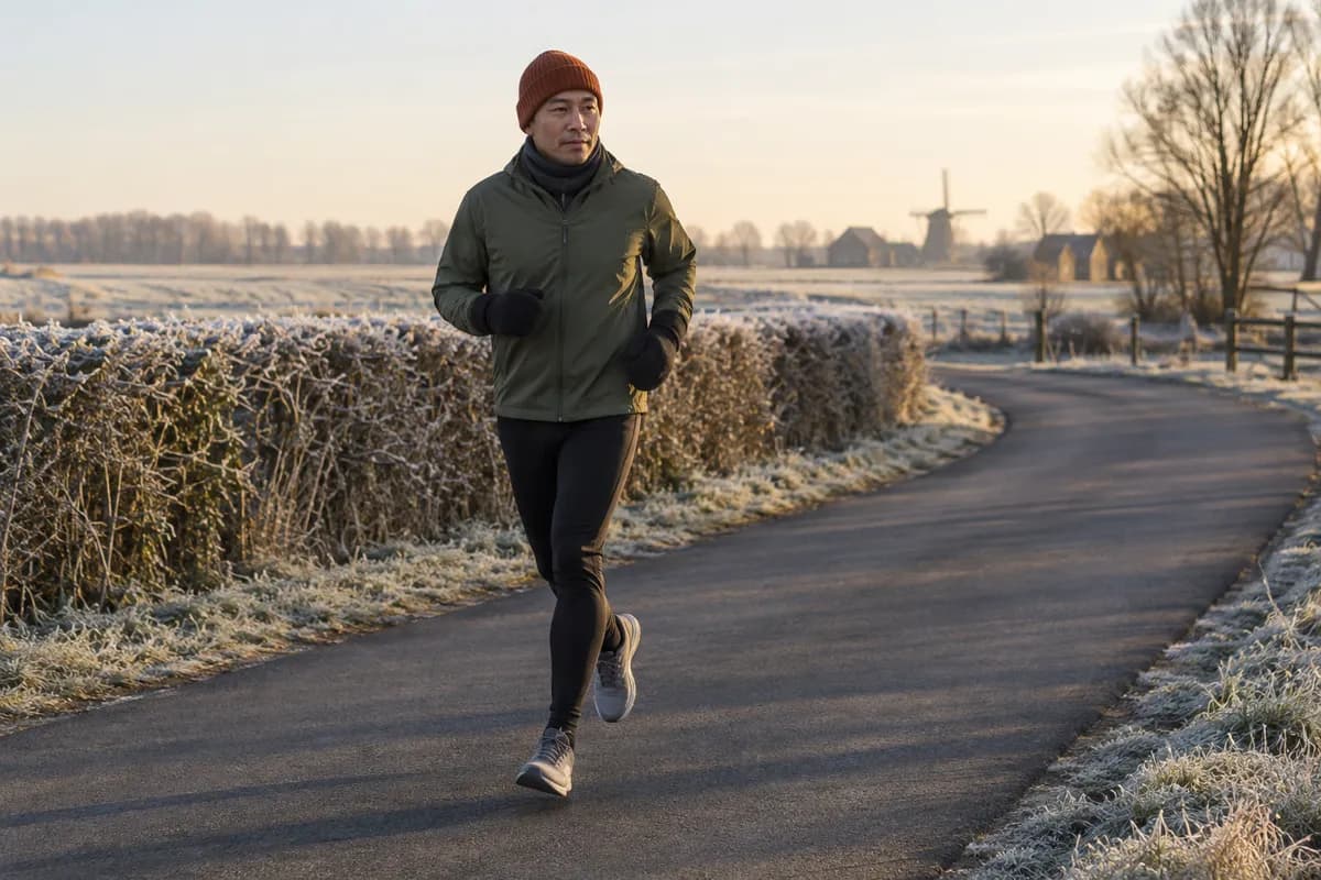 Runner wearing warm layers, a beanie, neck warmer, and mittens on a lane beside frosty fields
