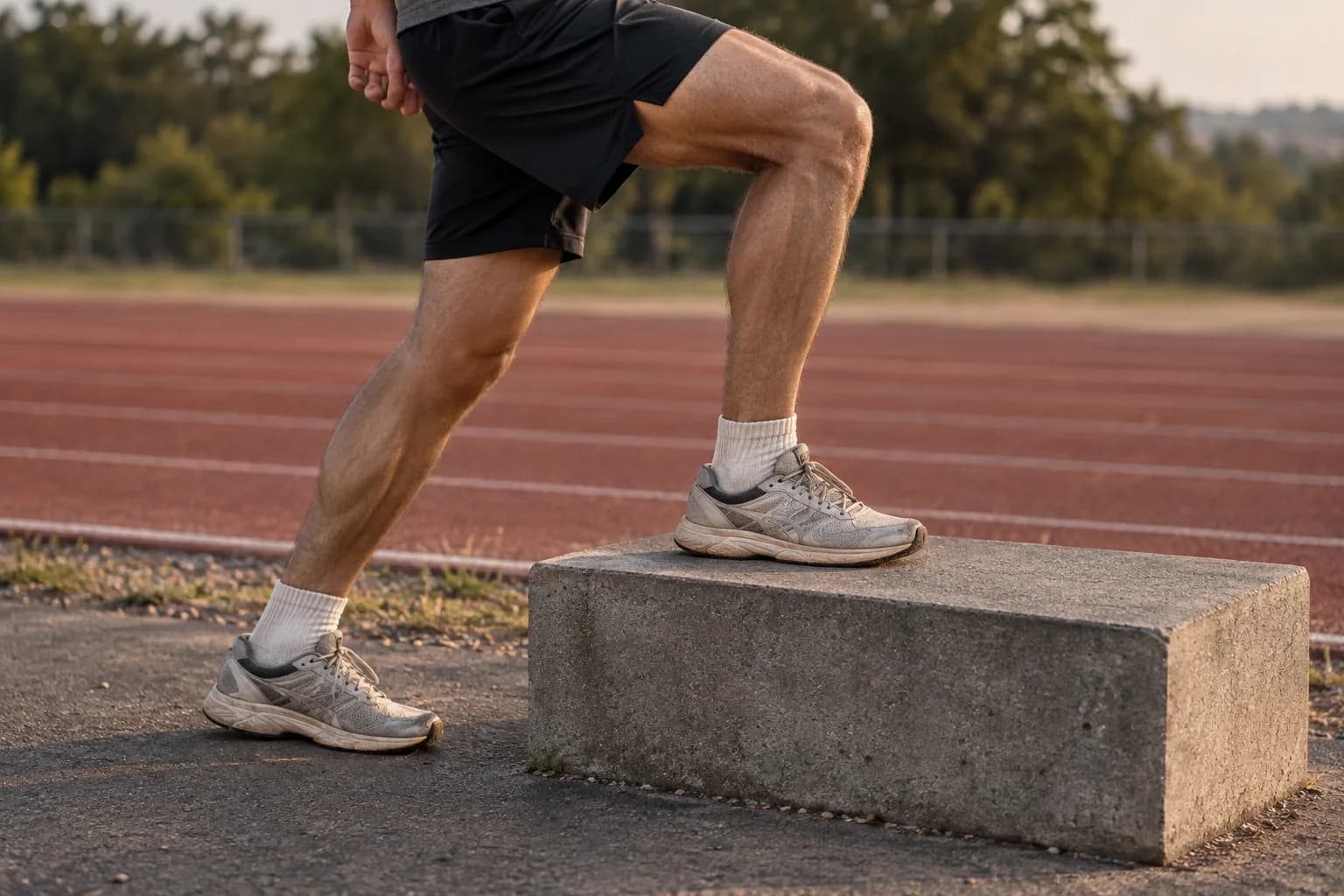 A runner's legs at the start of a step-up, with one whole foot on a concrete platform and the other on the ground