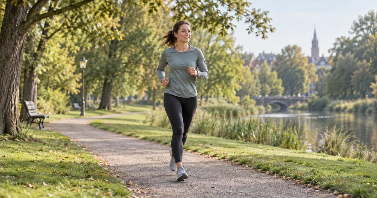 A recreational runner on a quiet park path beside the water.