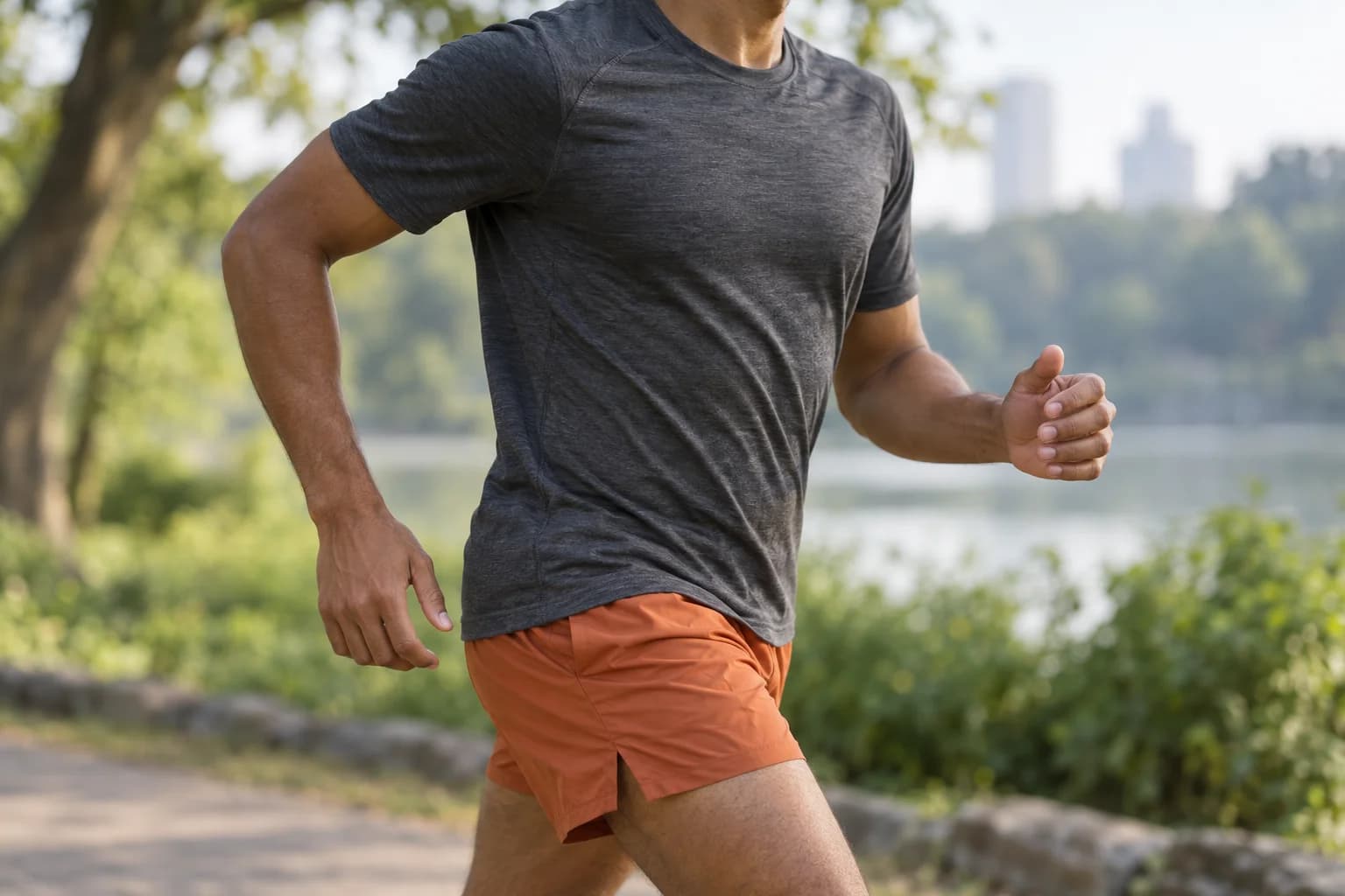 Runner with bent elbows and relaxed hands during the arm swing