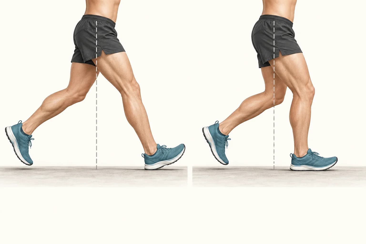Two side views of foot placement: farther ahead of the hip on the left and closer on the right
