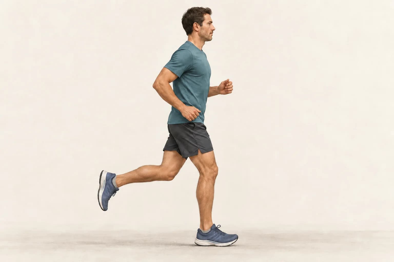 Side view of a runner with a relaxed torso and a slight forward lean
