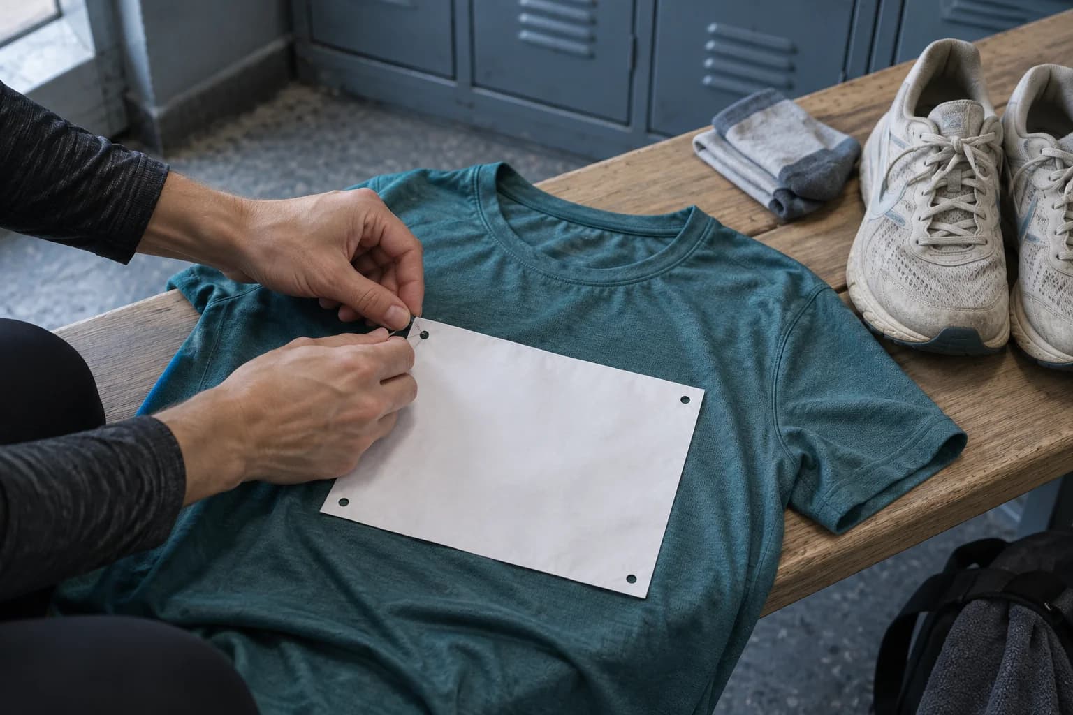 Hands attaching a race bib to a running shirt beside worn running shoes on a bench
