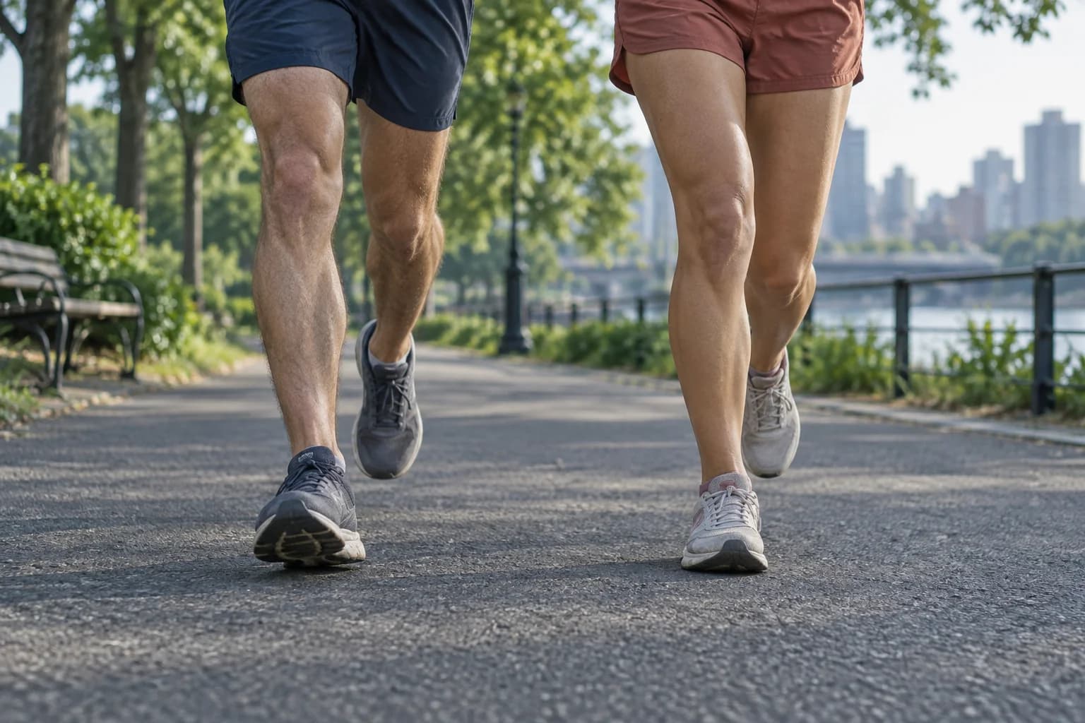 Two runners training on a flat asphalt path in an urban park