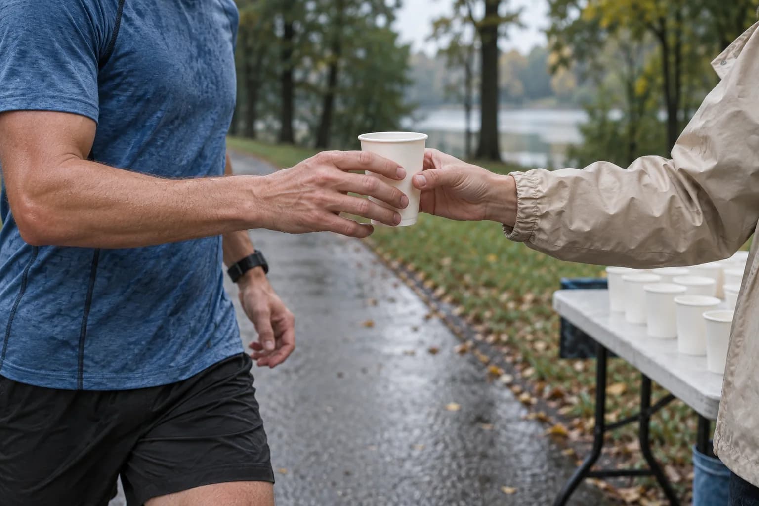 A runner takes a small cup from a helper at an aid station