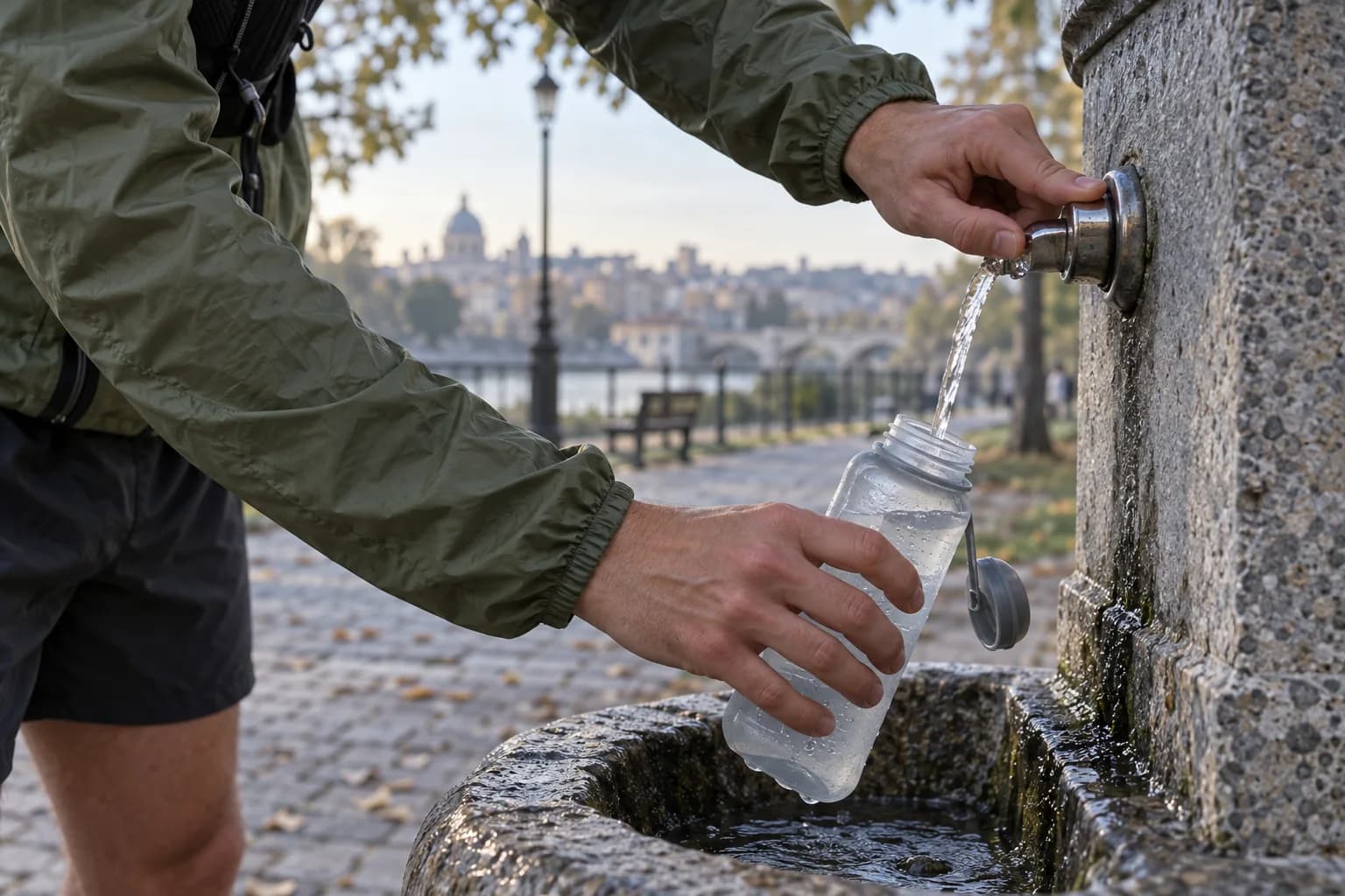 A runner refills a water bottle at a public drinking fountain