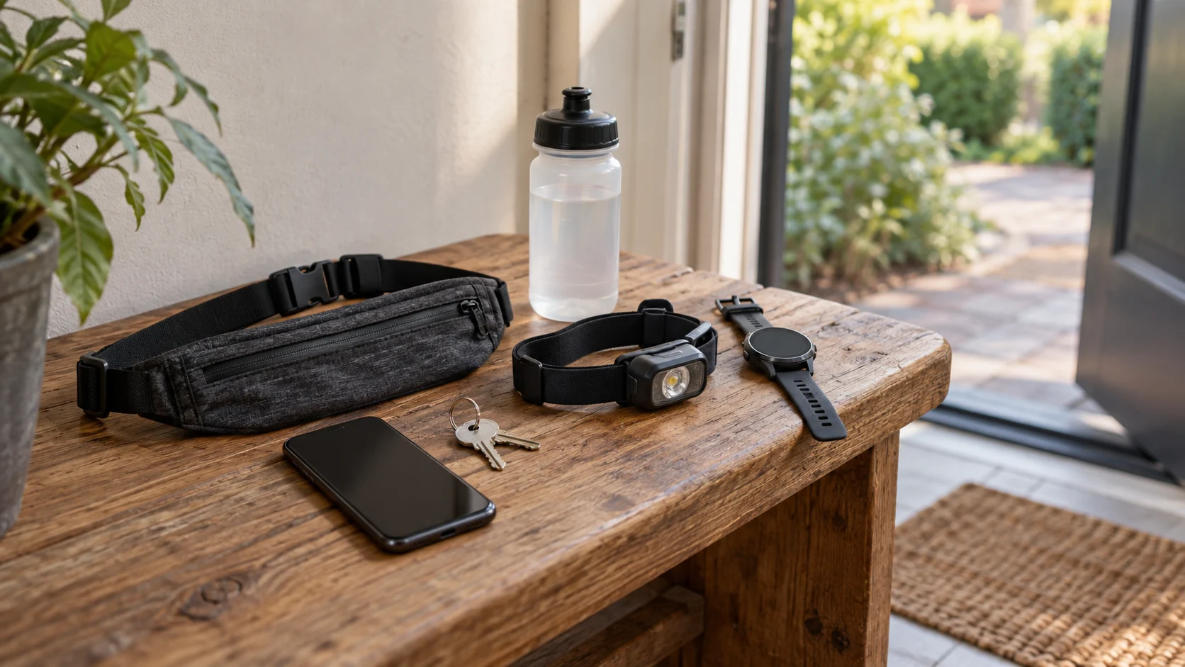 A running belt, headlamp, running watch, water bottle, phone, and keys on a wooden bench.
