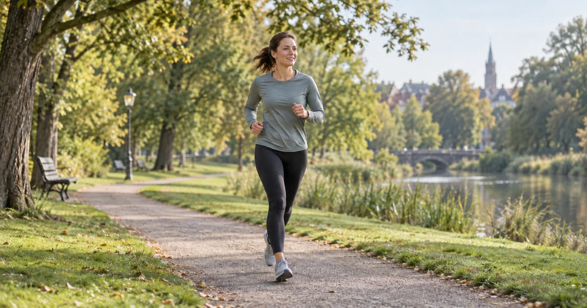 A recreational runner on a quiet park path beside the water.