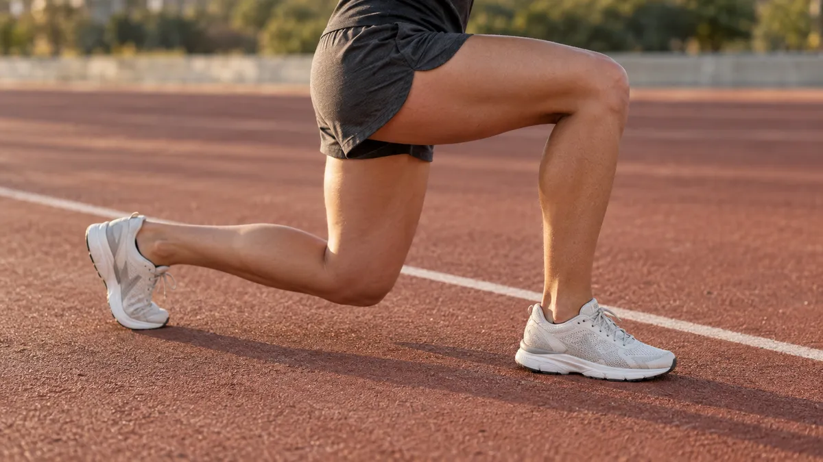 Close-up of bent legs and running shoes during a lunge on a running track