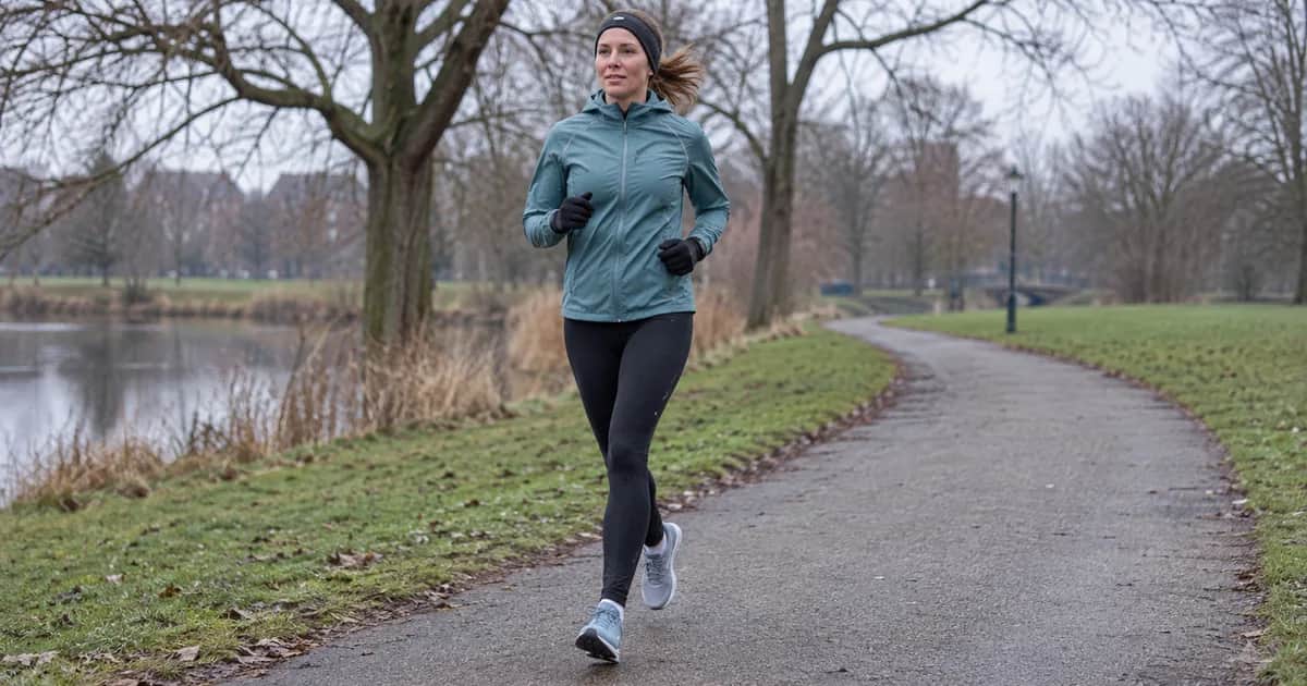 Runner wearing a light jacket, full-length tights, gloves, and a headband on a wintry park path