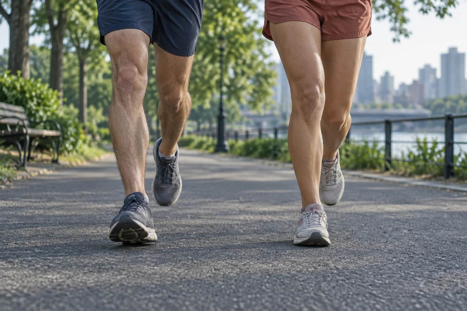 Two runners training on a flat asphalt path in an urban park