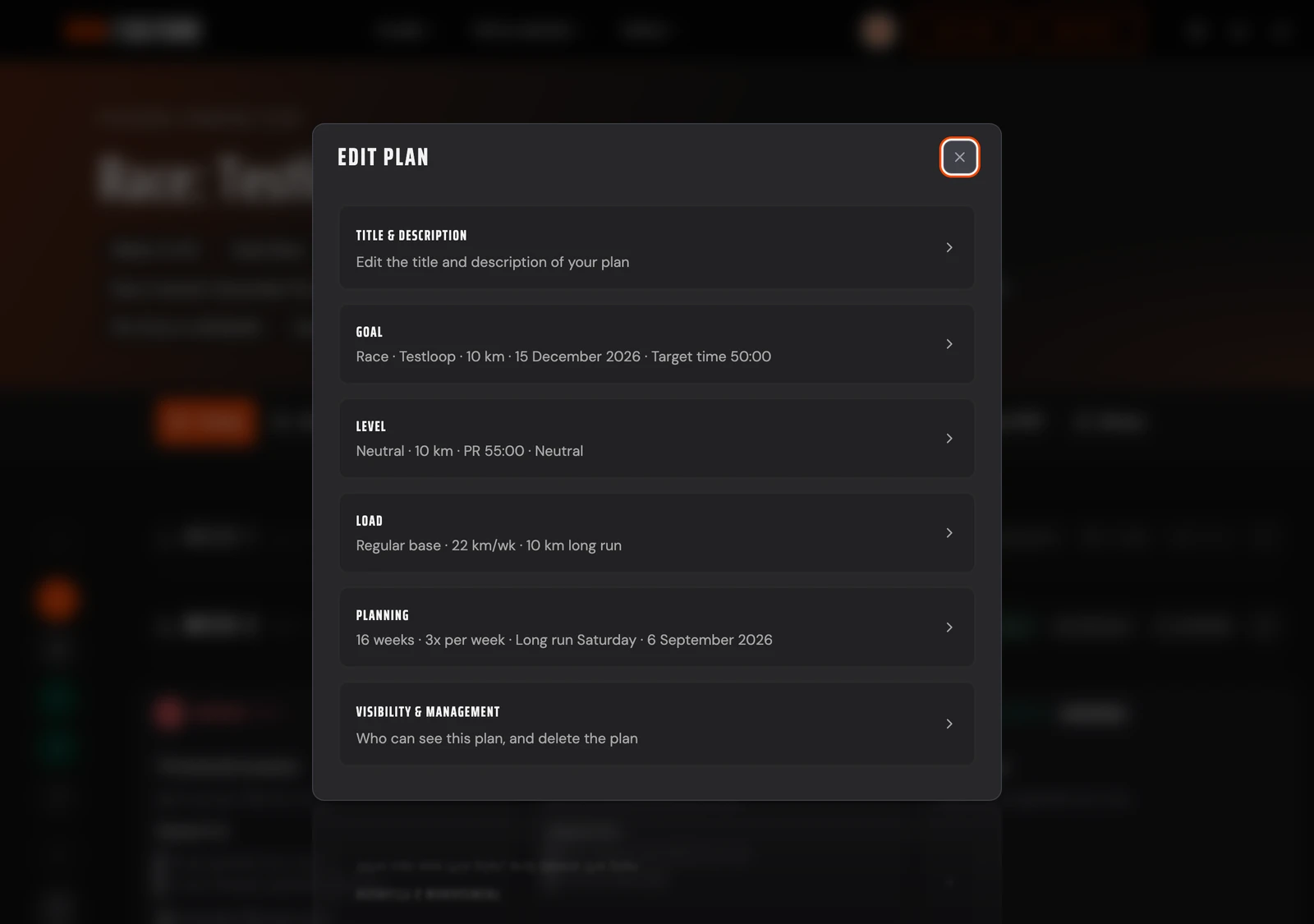 The Edit plan popup with the parts Title & description, Goal, Level, Load, Planning, and Visibility & management
